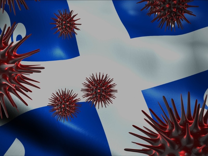 Le drapeau du Québec avec des virus de la COVID devant.